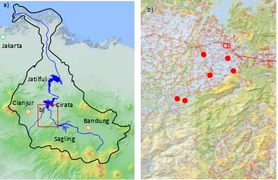 Figure 1. Maps of the hydrographic basin of the Citarum River (a) and the field observation site (b)