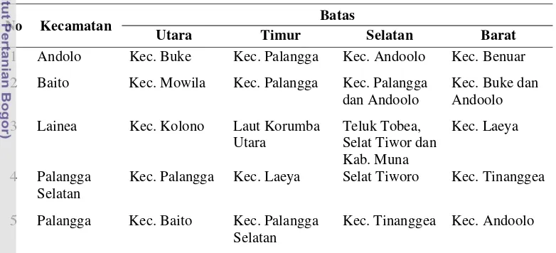 Tabel 6 Batas-batas wilayah kecamatan di unit manajemen KHJL, Kabupaten 