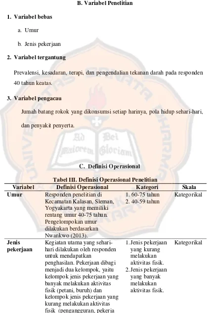 Tabel III. Definisi Operasional Penelitian 