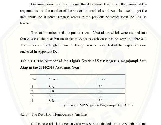 Table 4.1. The Number of the Eighth Grade of SMP Negeri 4 Rogojampi Satu 