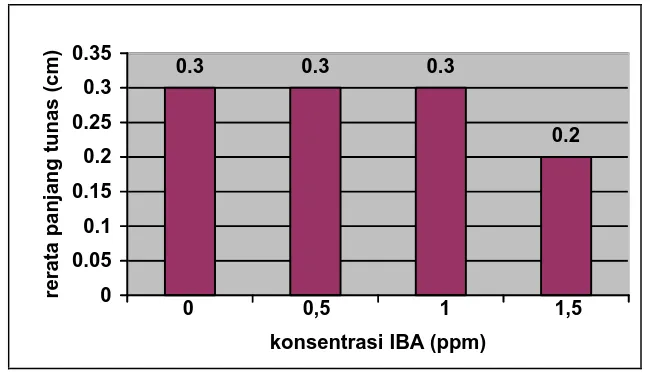 Gambar 5. Histogram hubungan antara konsentrasi IBA dengan rerata panjang tunas eksplan pucuk batang tanaman manggis (Garcinia mangostana L.)