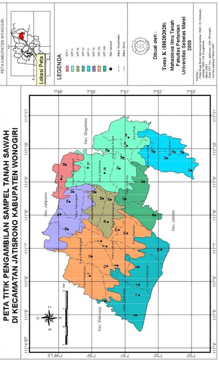 Gambar 1  Peta Pengambilan titik sampel tanah sawah di Kecamatan Jatisrono Kabupaten Wonogiri 2007 