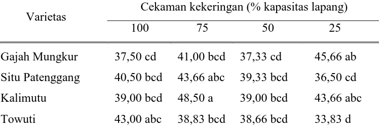 Tabel 4. Pengaruh cekaman kekeringan terhadap panjang akar (cm) masing-masing varietas 