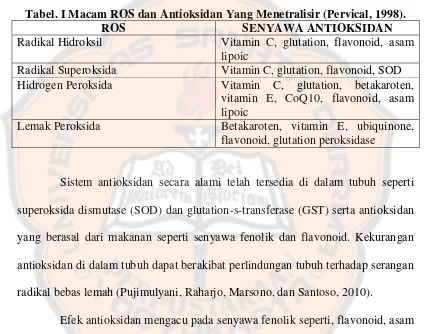 Tabel. I Macam ROS dan Antioksidan Yang Menetralisir (Pervical, 1998). 