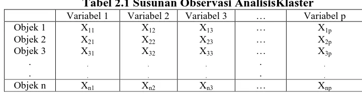 Tabel 2.1 Susunan Observasi AnalisisKlaster Variabel 2 X