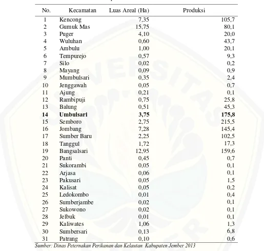 Tabel 1.4 Luas Areal Budidaya dan Produksi Ikan Gurami Berdasarkan Kecamatan di  Kabupaten Jember 2013 