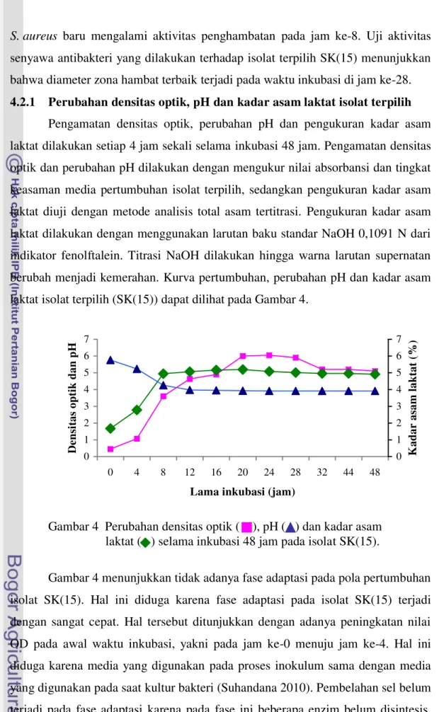 Gambar 4  Perubahan densitas optik (    ), pH (   ) dan kadar asam         laktat (   ) selama inkubasi 48 jam pada isolat SK(15)