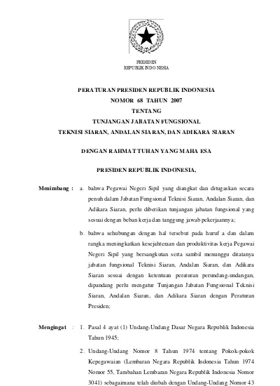 Peraturan Presiden Republik Indonesia Nomor 68 Tahun 2007 Tentang