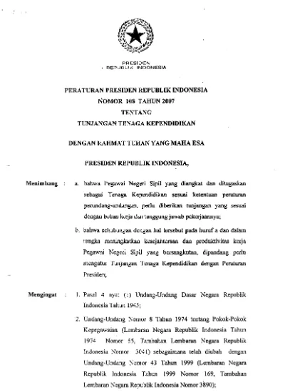 Peraturan Presiden Republik Indonesia Nomor 108 Tahun 2007 Tentang Tunjangan Tenaga Kependidikan