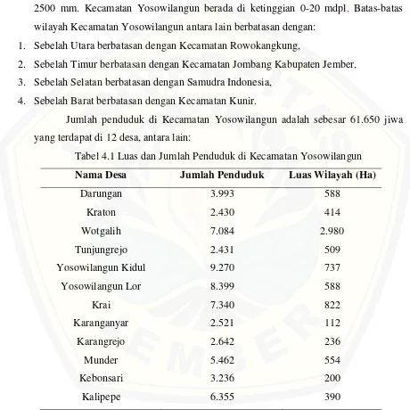 Tabel 4.1 Luas dan Jumlah Penduduk di Kecamatan Yosowilangun 