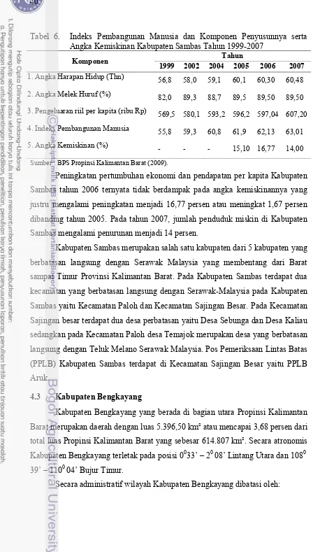 Tabel 6.  Indeks Pembangunan Manusia dan Komponen Penyusunnya serta Angka Kemiskinan Kabupaten Sambas Tahun 1999-2007 