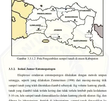 Gambar 3.3.1.2  Peta Pengambilan sampel tanah di enam Kabupaten 