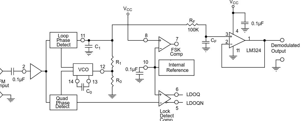 Figure 13. Linear FM Detector Using XR-2211 and an External Op Amp. (See Section on Design Equation for Component Values.)