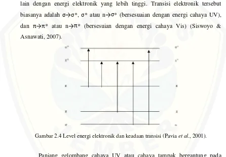 Gambar 2.4 Level energi elektronik dan keadaan transisi (Pavia et al., 2001).