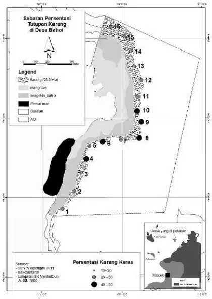 Gambar 1. Peta sebaran persentasi tutupan karang di Desa Bahoi 