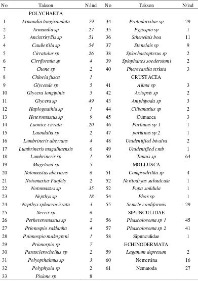 Tabel 2. Komposisi spesies makrozoobentos dan kelimpahannya di muara Sungai Kobok dan Sungai Kao perairan Teluk Kao 