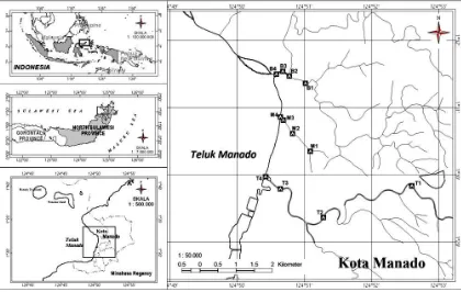 Gambar 1. Peta lokasi penelitian di 3 sungai (S. bailang, S. Maasing, dan S. Tondano) yang melintasi 