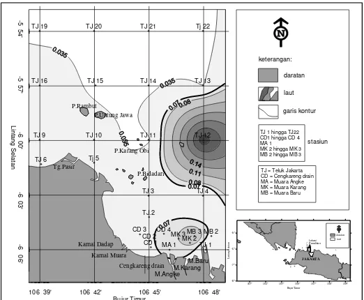 Gambar 4. Sebaran TSS di dasar perairan Teluk Jakarta dan Kepulauan Seribu, 5-11 Agustus 2003 