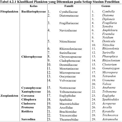 Tabel 4.2.1 Klasifikasi Plankton yang Ditemukan pada Setiap Stasiun Penelitian  Kelas Famili  Genus  
