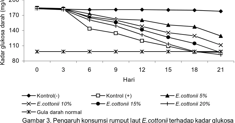 Gambar 3. Pengaruh konsumsi rumput laut E.cottonii terhadap kadar glukosa                 darah tikus