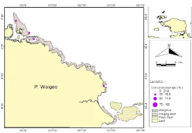 Gambar 2.  Persentase tutupan karang hidup di daerah reef top Pulau Waigeo bagian                  timur dan sekitarnya.