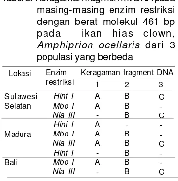 Tabel 2. Keragaman fragmen mt DNA pada