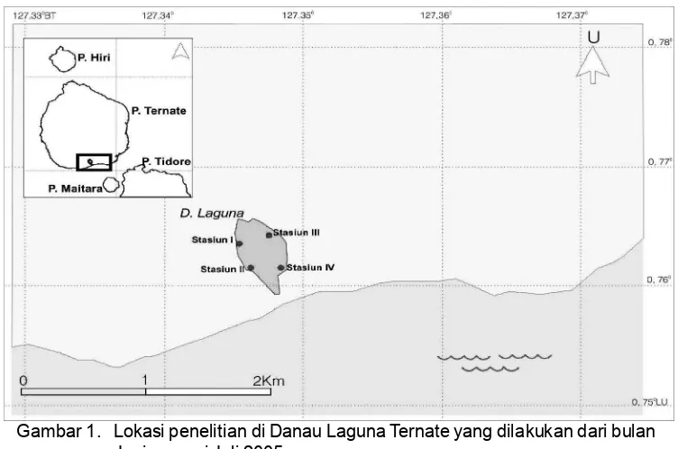 Gambar 1.   Lokasi penelitian di Danau Laguna Ternate yang dilakukan dari bulan