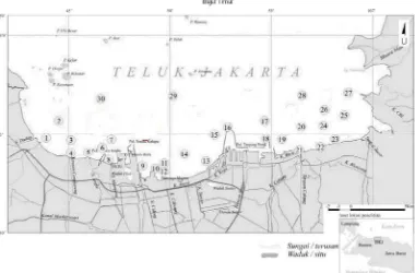 Gambar 1. Peta stasiun penelitian di Teluk Jakarta, Mei dan Oktober 2004. Nomor lokasi                  sampling ditunjukan oleh angka 1 sampai 30