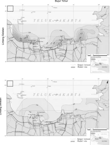 Gambar 3.   Distribusi fosfat (ppm) pada kedalaman dekat dasar perairan di TelukJakarta, Mei (A) dan Oktober 2004 (B)