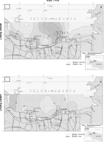 Gambar 5.    Distribusi nitrat (ppm) pada kedalaman dekat dasar di perairan Teluk Jakarta,Mei (A) dan Oktober 2004 (B)
