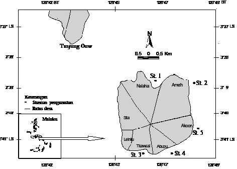 Gambar 1. Peta lokasi penelitian karang di Pulau Nusalaut, Desember 2007Keterangan :  • Stasiun Penelitian  dan — Batas desa.