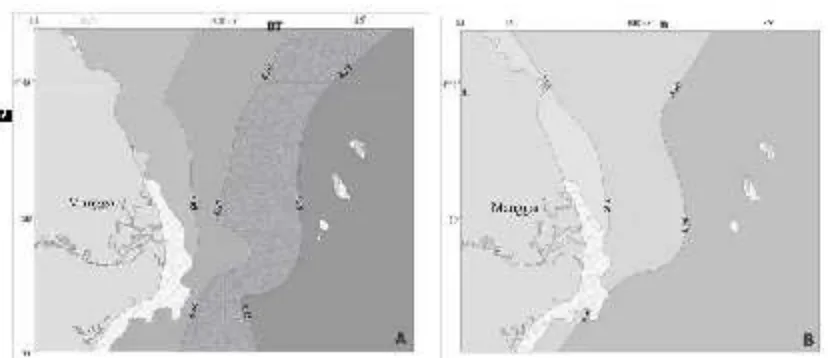 Gambar 6. Distribusi silikat di lapisan permukaan (A) dan 10 m (B) di perairan Belitung Timur,                    Oktober 2006.