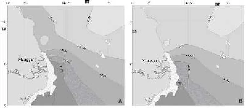 Gambar 8. Distribusi oksigen terlarut di lapisan permukaan (A) dan 10 m (B) di perairan Belitung Timur, Oktober 2006.