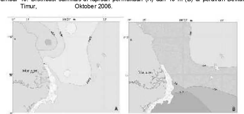 Gambar 10. Distribusi salinitas di lapisan permukaan (A) dan 10 m (B) di perairan Belitung 