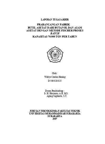 Laporan Tugas Akhir Prarancangan Pabrik Prarancangan Pabrik Butil Asetat Dari Butanol Dan Asam 9448
