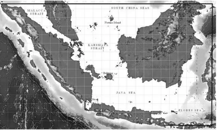 Gambar 1. Daerah studi perairan Laut Paparan Sunda. (Sumber : General Bathymetric Chart of the Oceans – GEBCO, 2009)