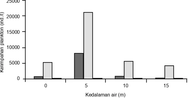 Gambar 2.  Kelimpahan plankton pada kedalaman air yang berbeda di teluk Pegametan pada November 2008 (   ), Desember 2008 (   ) dan Januari 2009 (    )