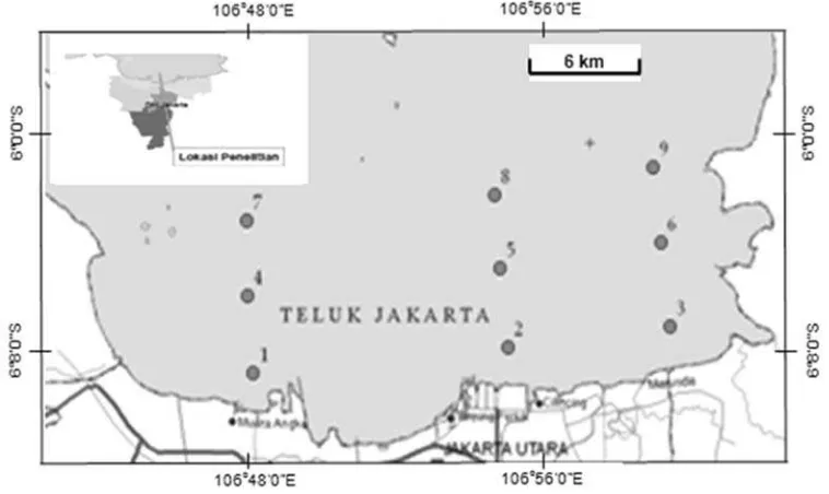 Gambar 1. Peta lokasi sampling (no 1-9) di perairan Teluk Jakarta