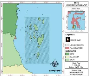 Gambar 1.  Lokasi pengambilan data (arsir) purse seine dan bagan rambo di perairan kabupaten sinjai.