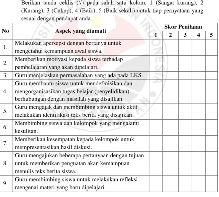 Tabel 3.5 LEMBAR OBSERVASI 