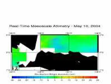 Gambar 2. Anomali Tinggi Muka Laut (Sea Surface Height Anomaly) citra satelit Topex/Poseidon pada tanggal 4 Mei (panel atas), 9 Mei (panel tengah), dan 10 Mei, 2004 (panel bawah)