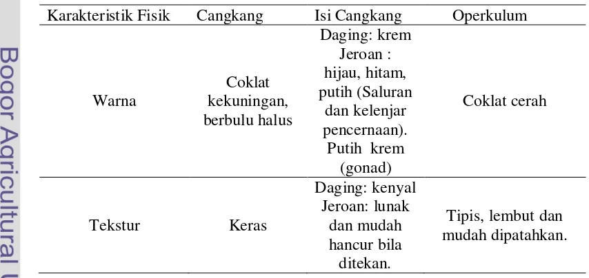 Tabel 1. Hasil pengamatan karakteristik fisik cangkang, isi cangkang dan operkulum keong ipong-ipong 