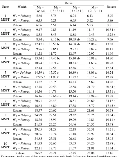 Tabel 2. Tinggi bibit bud chips tebu (cm)  1-10 MSPT pada beberapa wadah dan komposisi media pembibitan