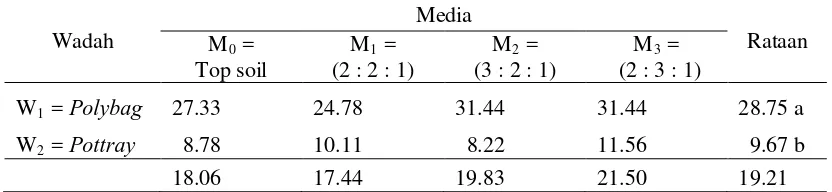 Tabel 5.  Volume akar bibit bud chips tebu (ml) 10 MSPT pada beberapa  wadah dan komposisi media pembibitan 