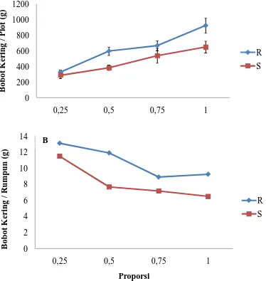 Gambar 6. Grafik perbandingan bobot kering per plot E. indicabiotip sensitif (A), dan grafik perbandingan bobot kering per rumpun  biotip resisten dan E