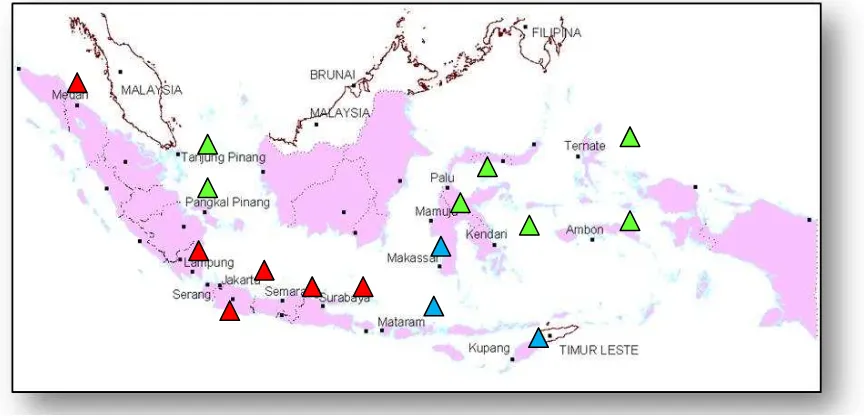 Gambar 9. Sebaran I-PT di ibukota provinsi pesisir di Indonesia    (Tinggi =     ; Sedang =     ; Rendah =    ) 