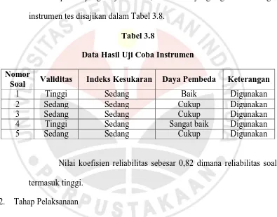 Tabel 3.8 Data Hasil Uji Coba Instrumen 