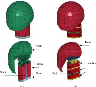 Figure 3Finite element models of dummy neck, (a) biofidelic model, (b) hybrid III model