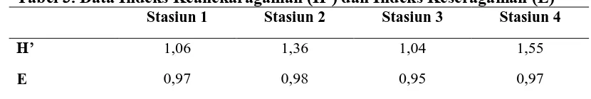 Tabel 3. Data Indeks Keanekaragaman (H’) dan Indeks Keseragaman (E)  Stasiun 1 Stasiun 2 Stasiun 3 Stasiun 4 