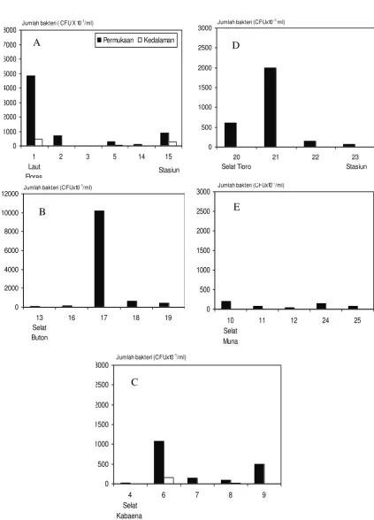 Gambar 4. Pola sebaran kandungan bakteri produktivitas pada permukaan laut dan kedalaman 100 meter di perairan  Laut Flores (A), Selat Buton (B), Selat Kabaena (C), Selat Tioro (D) dan Selat Muna (E) pada bulan April – Mei 2006 